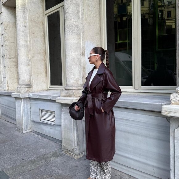 Burgundy Plato Faux Leather Buckle Trench Coat - Picture 10 of 14